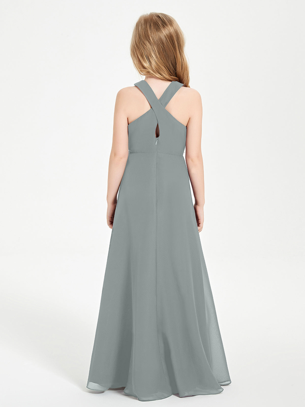 Grecian Neckline Long Dresses for Junior Bridesmaids Steel Grey